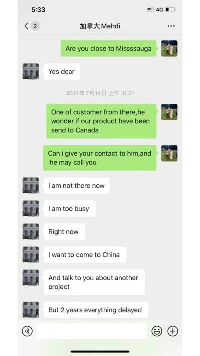 Communication with customer Mehdi about Ontario house material project