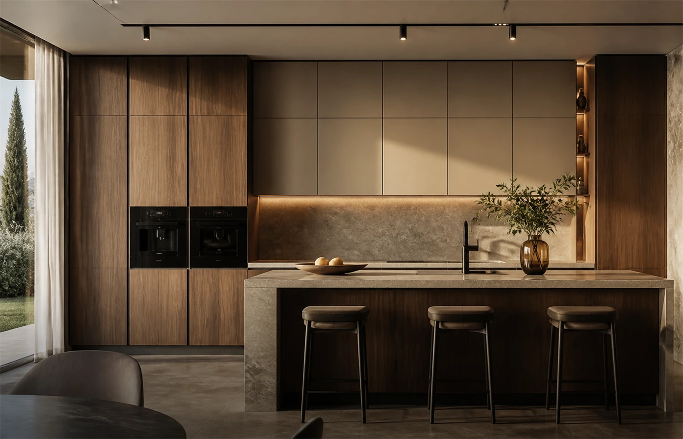 A coordinated modern home in warm natural materials